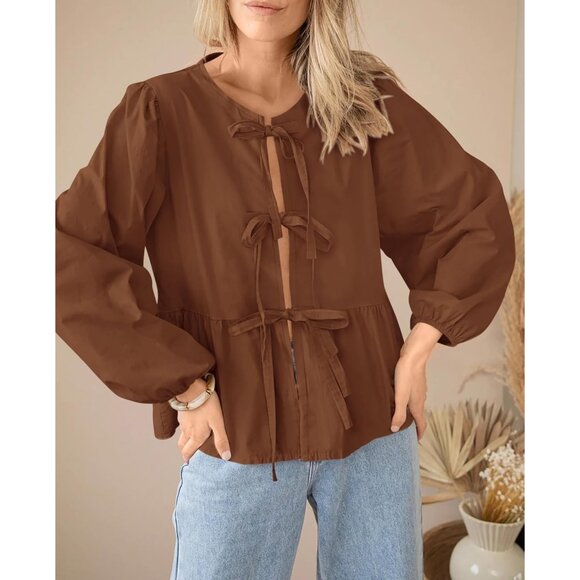 Women's Cotton Lyocell Peplum Blouse Long Sleeve Bow Tie Fall Top - Picture 4 of 7